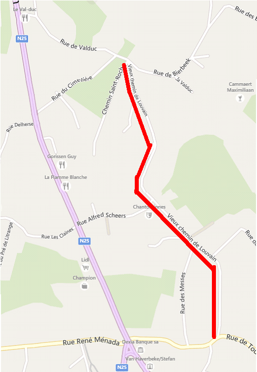 L’actuel Vieux Chemin de Louvain (carte Bing)