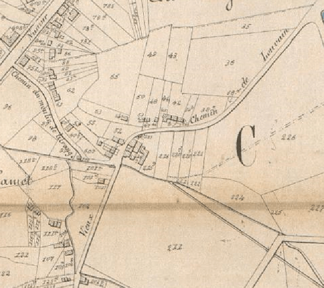 Détails de la carte Popp sur Hamme-Mille, montrant une partie du Vieux Chemin. La chaussée de Louvain est en haut à gauche et la rue indiquée comme « Chemin du Moulin de Litrange » est l’actuelle rue Scheers