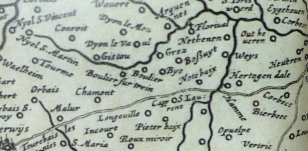 Détails de la carte de 1662, le nord se trouve côté droit. La forêt de Meerdael n’est pas indiquée. Pour info : Perwijs=Perwez, Hertogendale=Valduc. Tourinnes et Beauvechain sont indiqués avec un cercle non libellé