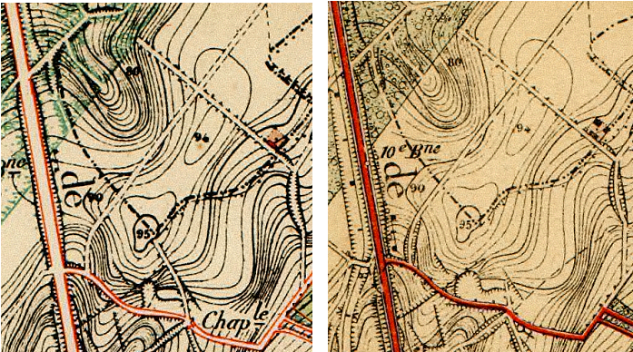 Détails des cartes IGN de 1884 (gauche) et 1895 (droite). A gauche, il ne reste déjà que la partie dans le bois et une drève jusqu’au sommet (« 95 »). A droite, ce chemin a presque complètement disparu, il ne reste qu’une ébauche du début. Remarquez que sur cette carte, le tram existe déjà (côté ouest de la chaussée)