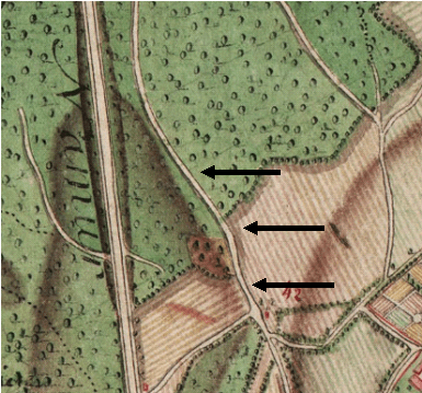 Détails de la carte Ferraris (1777) avec la continuation du Vieux Chemin de Louvain