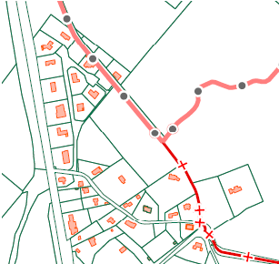 Détails de la carte cadastrale actuelle. La ligne pointillée avec des cercles est la frontière communale avec Bierbeek. La ligne pointillée avec des plus est la limite d’une « feuille cadastrale », et montre partiellement l’ancien tracé du Vieux Chemin à partir de la chapelle. Remarquez que la carte cadastrale telle que publié a un petit décalage entre la Flandre et la Wallonie