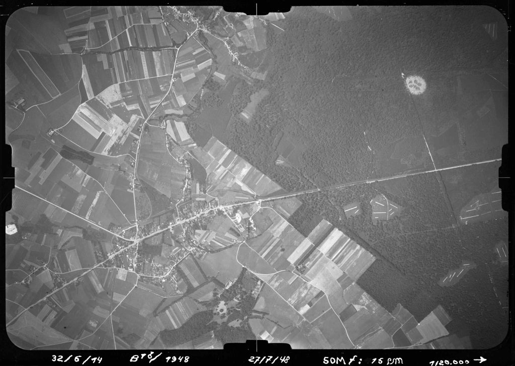 Le parcours du tram à Hamme-Mille :  vue aérienne de&nbsp;1948